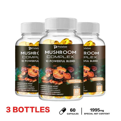 Mushroom Complex Supplement - Supports Brain and Immune Health, Enhances Memory, Focus and Clarity, Boosts Energy, Non-GMO