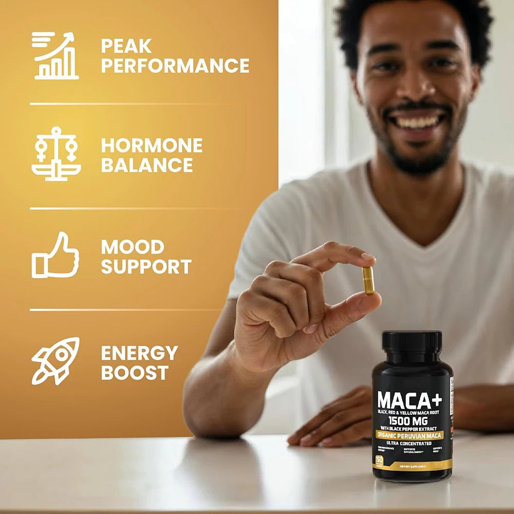 Organic Maca Root Powder Capsules 1500mg with Black+Red+Yellow Peruvian Maca Root Supplement for Men and Women - Vegan Pills