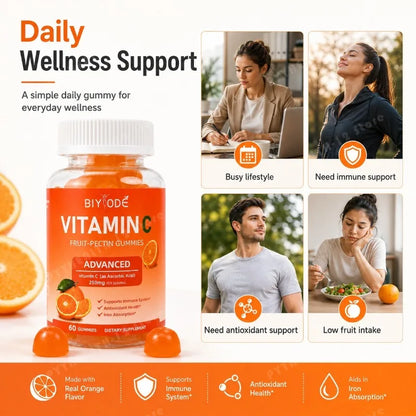 Vitamin C Gummies 250mg Orange Flavor 60 Count Fruit Pectin Chewables Daily Wellness Supplement Gluten Free for Adults Men Women