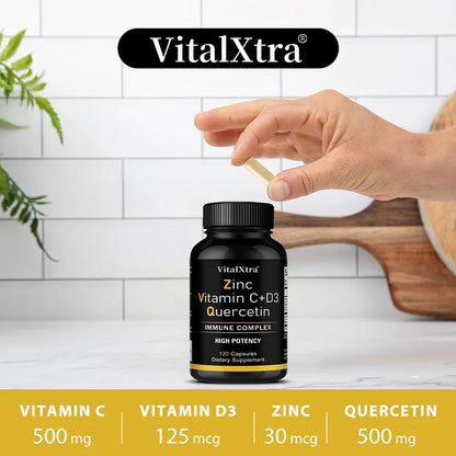 Zinc Quercetin 500mg with Vitamin C Vitamin D3 Bromelain Immune Support High Potency Supplement (Non-GMO, Gluten-Free, Vegan)