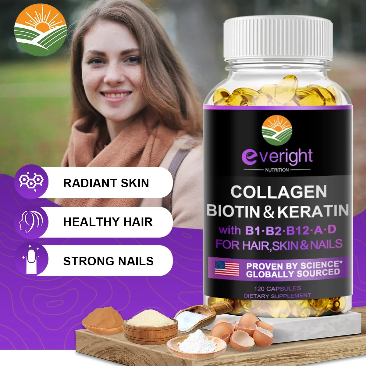 Biotin Hyaluronic Acid, Collagen Keratin –Hair Growth Vitamin – Nails &amp; Skin,  B1, B2, B6, B12 Complex Supplement for Men &amp;Women