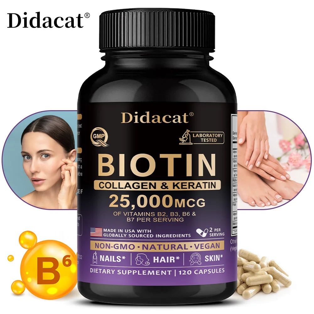 Biotin Vitamins with Collagen &amp; Keratin - 25000 mcg Capsules,B1,B2,B3,B6,B7 Complex,Healthy Nails &amp; Skin,Hair Growth