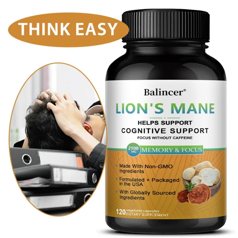 Organic Lions Mane Mushroom Capsules Brain Booster for Men &amp; Women Enhances Mental Clarity Focus Memory Vegan