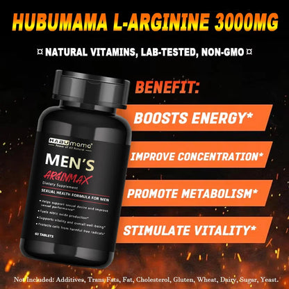 L-Arginine Male Enhancing Supplement for Performance, Endurance and Muscle, Strength and Endurance, Non-GMO, 60 Tablets
