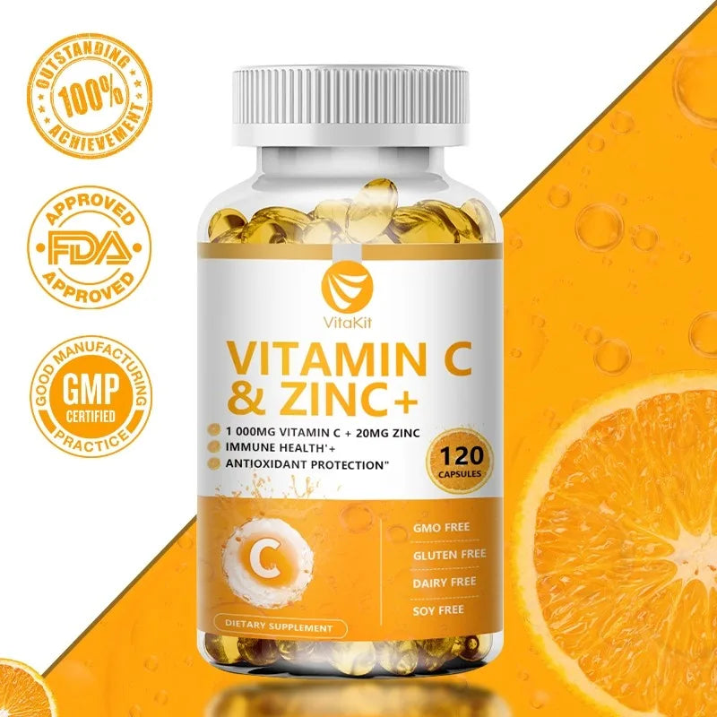 Vitakit Vitamin C 1000mg with Zinc 20mg 120 Capsules Vitamin Dietery Supplement | Non-GMO &amp; Gluten Free Vegan