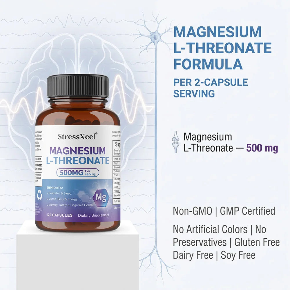 Magnesium L-Threonate Supplement - Supports Brain Health, Enhances Memory and Focus, Non-GMO, 120 Vegetarian Capsules