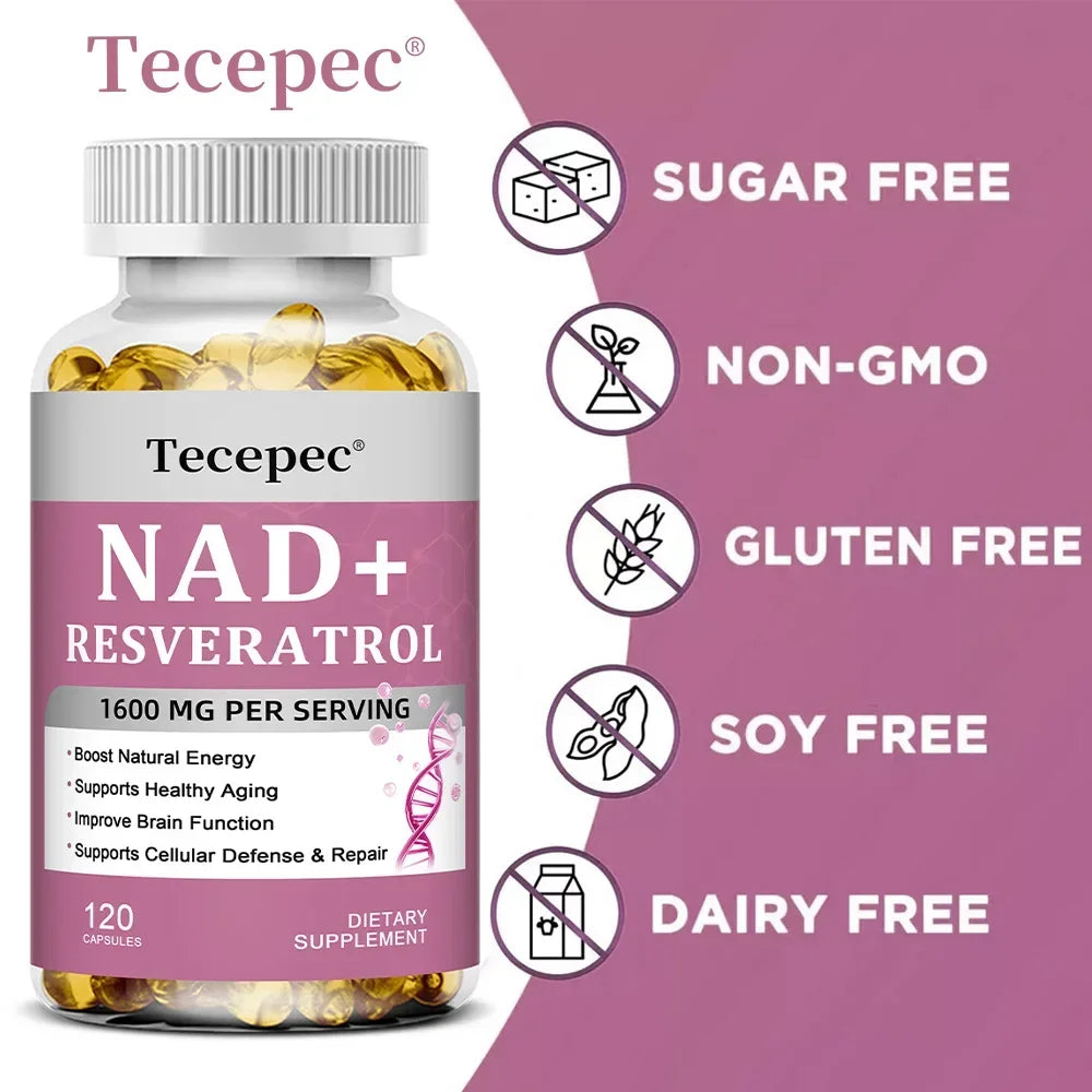 NAD+ Supplement,Anti-Aging,Boosts Energy and Focus,Supports Brain and Skin Health,Nicotinamide Adenine Dinucleotide Resveratrol