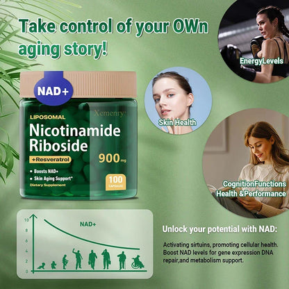 NAD+ Supplement - Anti-Aging, Energy - Liposomal Nicotinamide Riboside Capsules 900mg with Resveratrol &amp; Quercetin Capsules