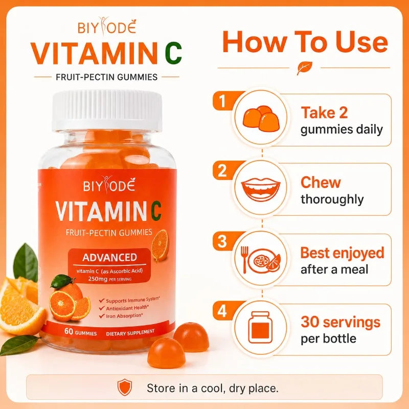 Vitamin C Gummies 250mg Orange Flavor 60 Count Fruit Pectin Chewables Daily Wellness Supplement Gluten Free for Adults Men Women