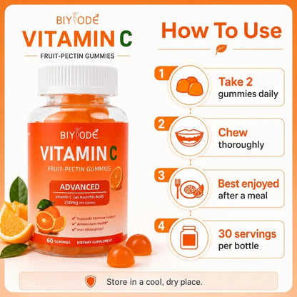 Vitamin C Gummies 250mg Orange Flavor 60 Count Fruit Pectin Chewables Daily Wellness Supplement Gluten Free for Adults Men Women