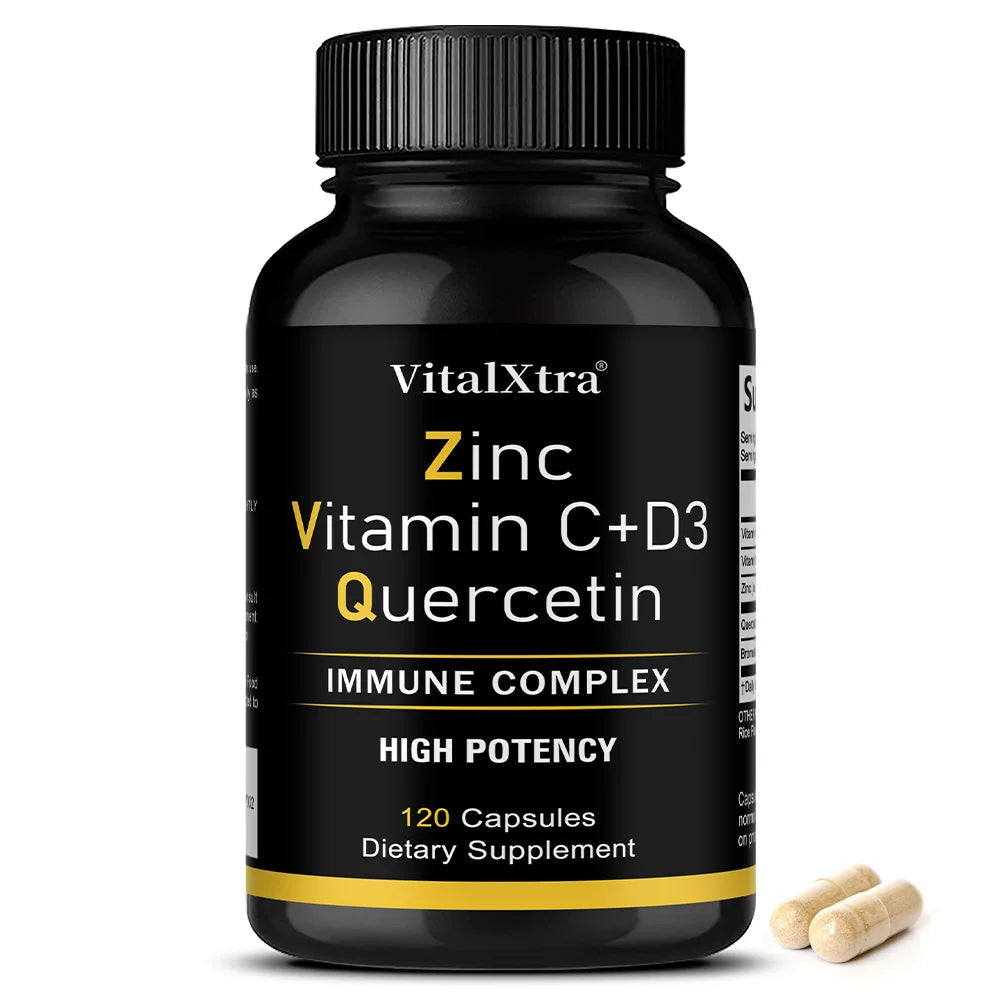 Zinc Quercetin 500mg with Vitamin C Vitamin D3 Bromelain Immune Support High Potency Supplement (Non-GMO, Gluten-Free, Vegan)
