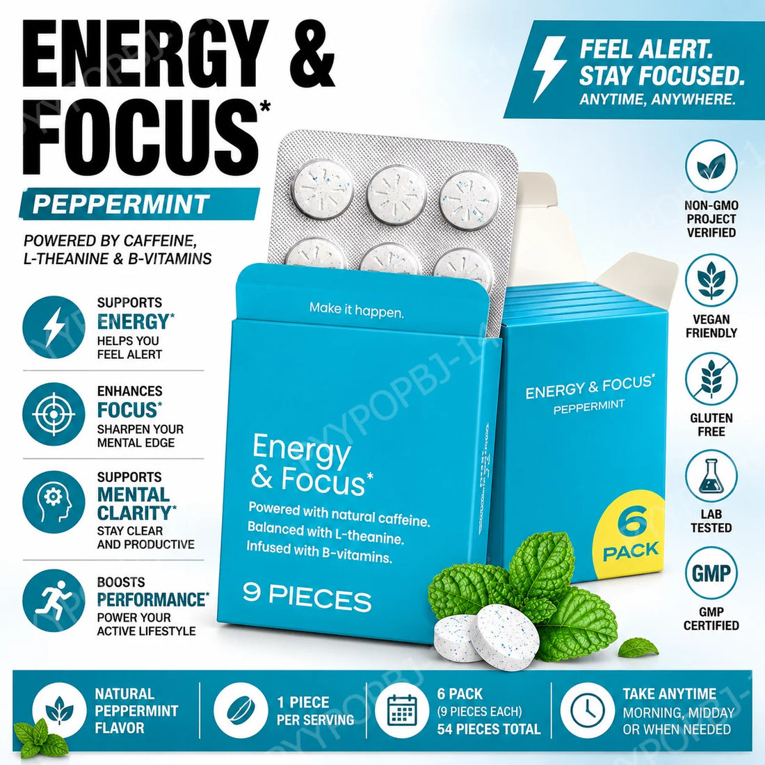 L-Theanine Chews Supplement Supports Natural Alertness Relaxation Peppermint Flavor Vegan Gluten Free