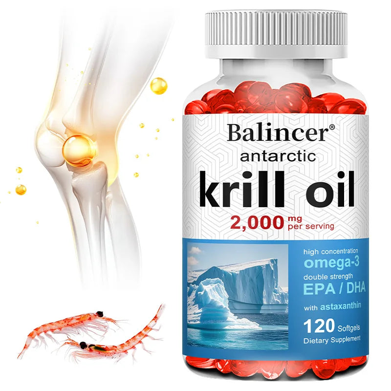 Antarctic Krill Oil 2000mg Supplement, 3X Strength Natural Source of Omega-3s, EPA 240mg + DHA 160mg + Astaxanthin 800mcg