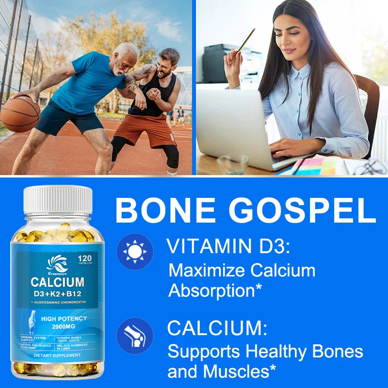 Calcium Vitamin D3 Plus with B12, K2 - High Potency Food Based Immune - Support Bone Health &amp; Mood Balance Supplement