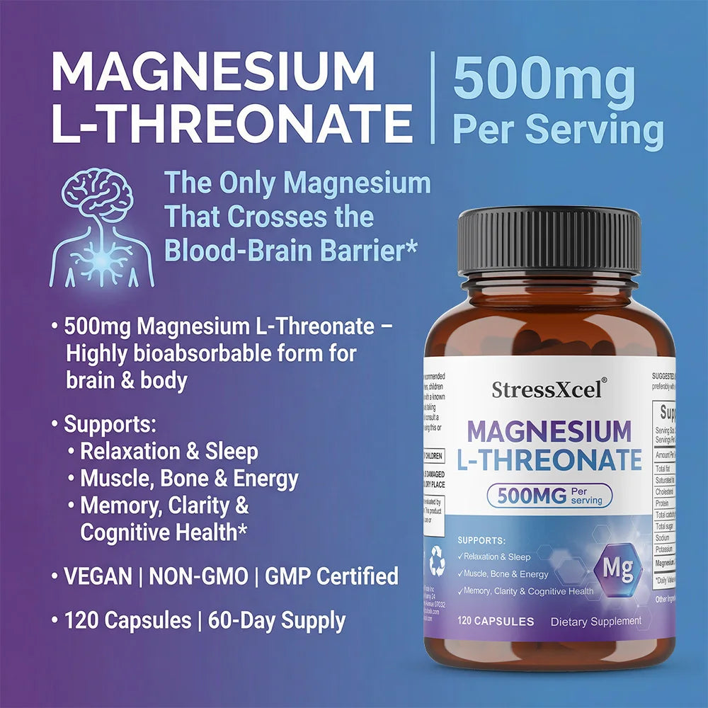 Magnesium L-Threonate Supplement - Supports Brain Health, Enhances Memory and Focus, Non-GMO, 120 Vegetarian Capsules