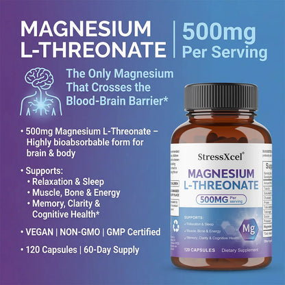 Magnesium L-Threonate Supplement - Supports Brain Health, Enhances Memory and Focus, Non-GMO, 120 Vegetarian Capsules