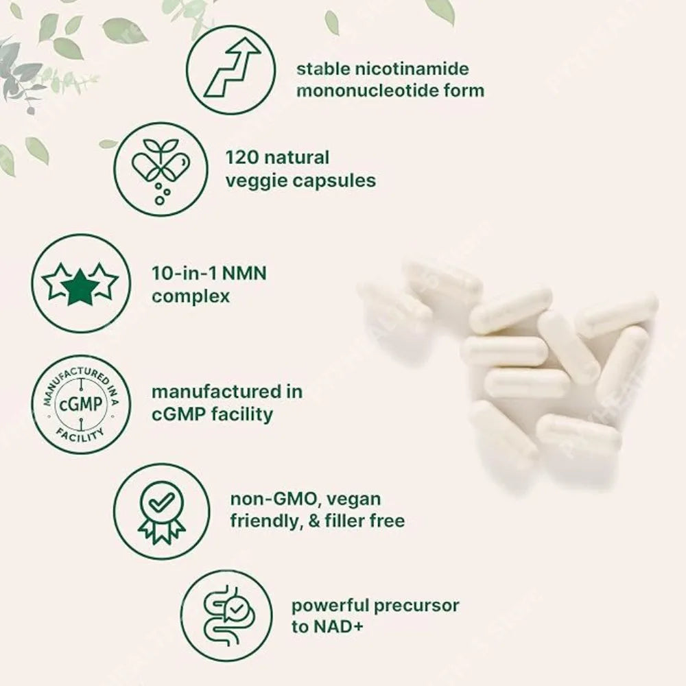 NMN Complex 1000mg Per Serving, 10-in-1 NAD+ Precursor with Resveratrol CoQ10, 120 Vegetarian Capsules Daily Support