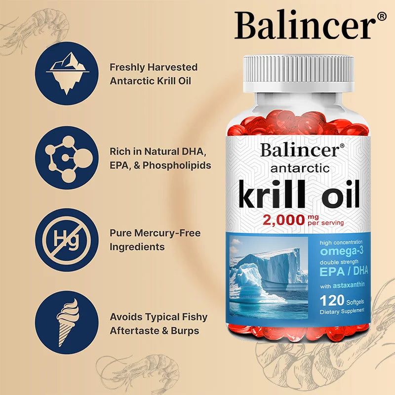 Antarctic Krill Oil 2000mg Supplement, 3X Strength Natural Source of Omega-3s, EPA 240mg + DHA 160mg + Astaxanthin 800mcg