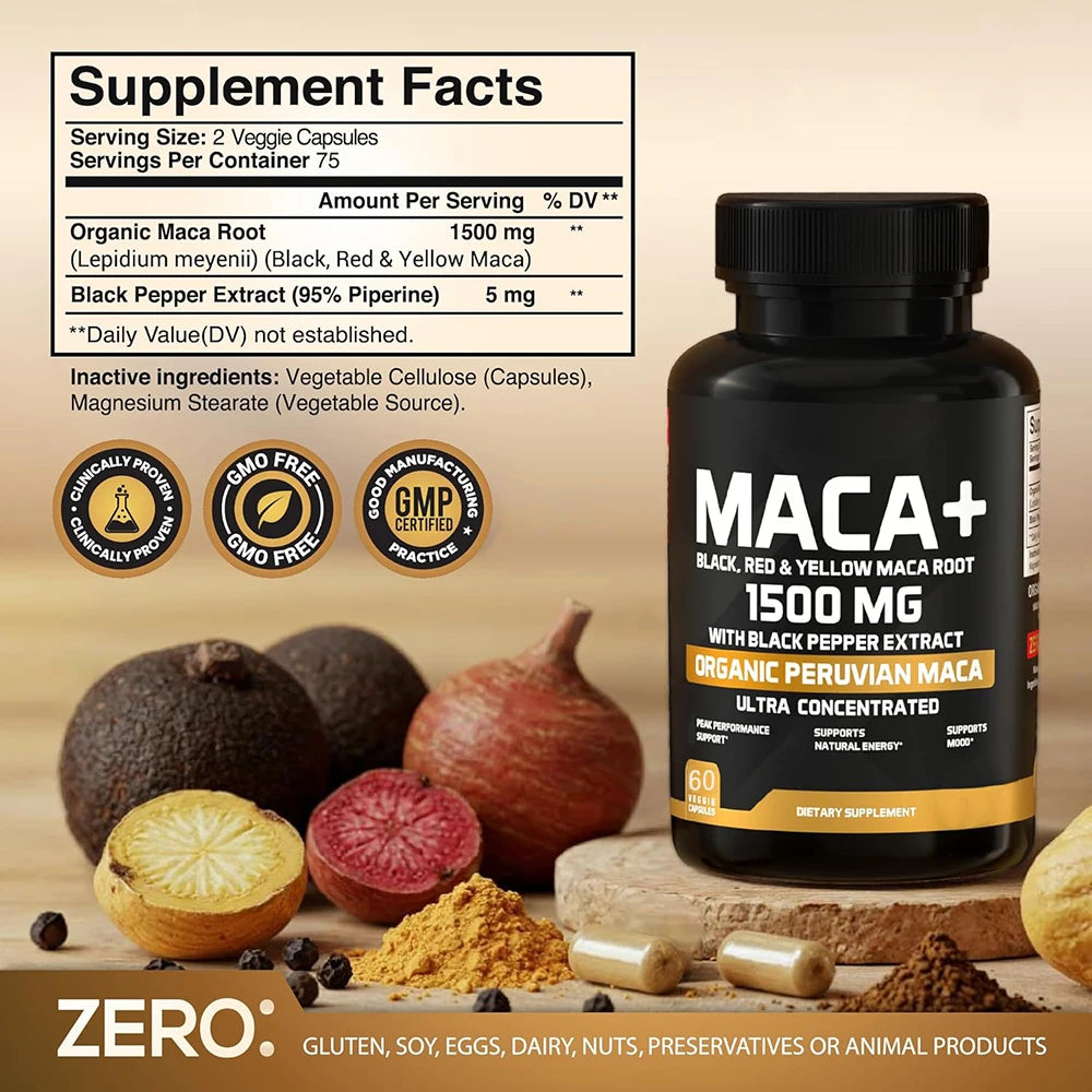 Organic Maca Root Powder Capsules 1500mg with Black+Red+Yellow Peruvian Maca Root Supplement for Men and Women - Vegan Pills