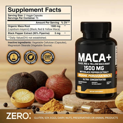 Organic Maca Root Powder Capsules 1500mg with Black+Red+Yellow Peruvian Maca Root Supplement for Men and Women - Vegan Pills