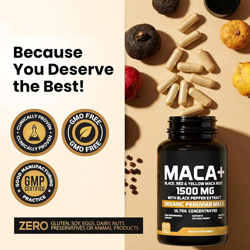 Organic Maca Root Powder Capsules 1500mg with Black+Red+Yellow Peruvian Maca Root Supplement for Men and Women - Vegan Pills