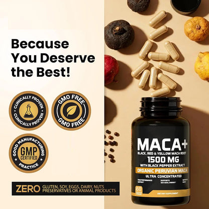 Organic Maca Root Powder Capsules 1500mg with Black+Red+Yellow Peruvian Maca Root Supplement for Men and Women - Vegan Pills