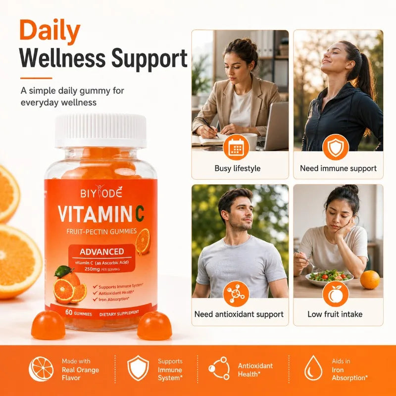 Vitamin C Gummies 250mg Orange Flavor 60 Count Fruit Pectin Chewables Daily Wellness Supplement Gluten Free for Adults Men Women