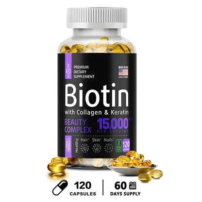 Biotin Supplement - 15,000 Mcg with Collagen and Keratin, Vitamins, Shiny Hair, Skin and Nails, Joint Health, 30/60/120 Capsules