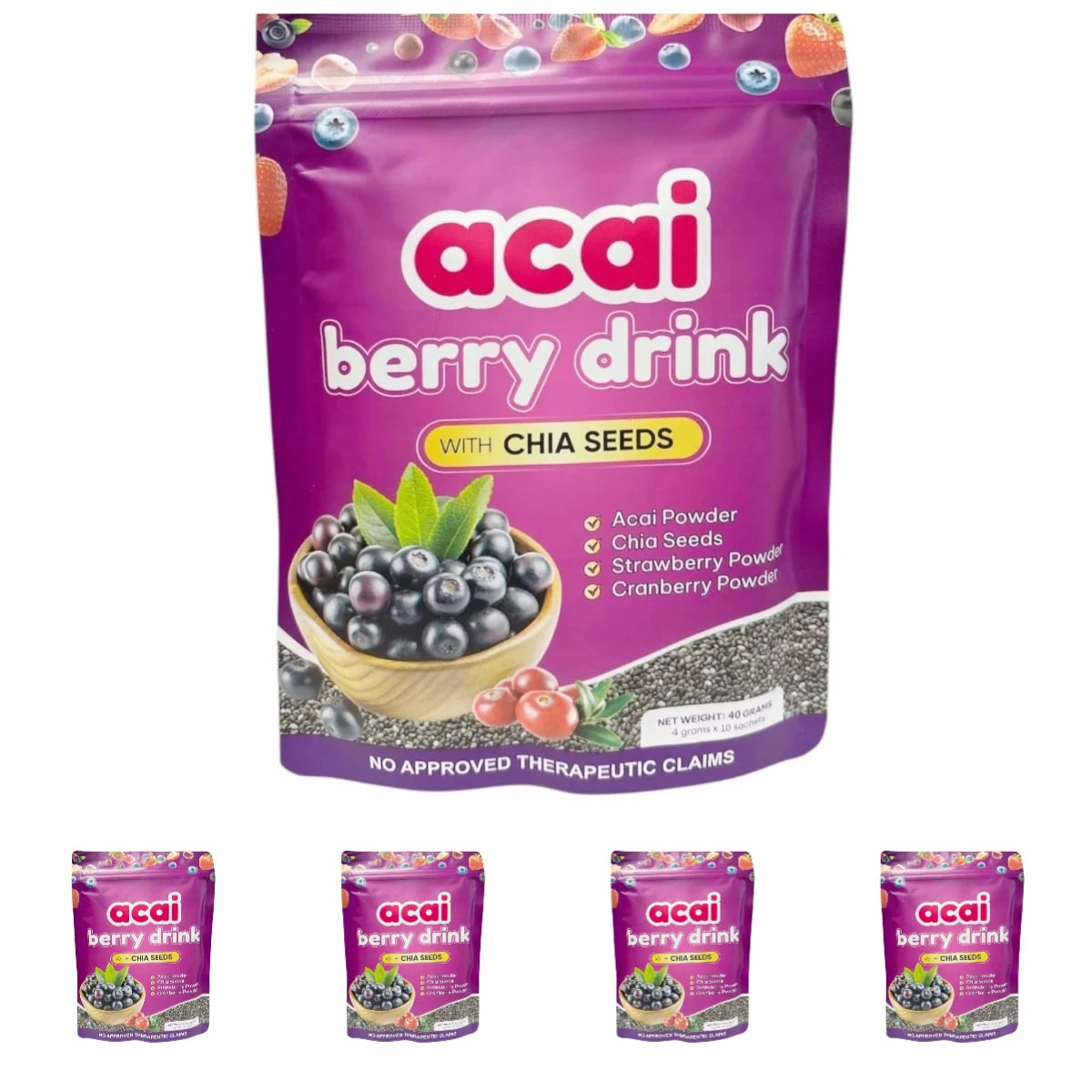 Acai Berry Supplement Powder with Chia Seeds – Berry &amp; Seed Blend – 10 Sachets – Easy To Mix – Non-GMO, Gluten Free