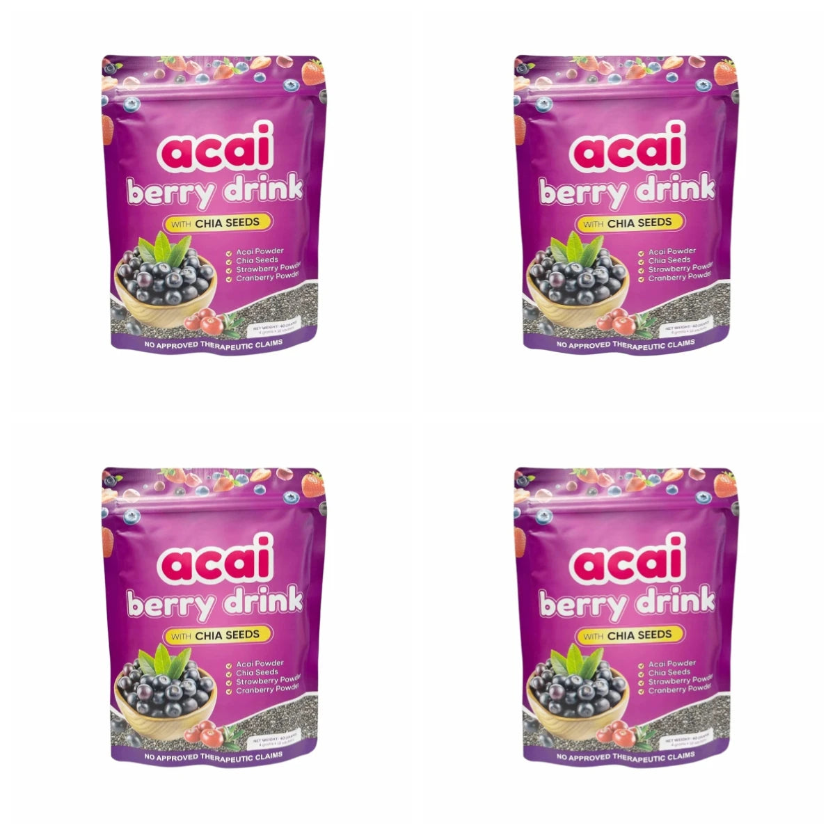 Acai Berry Supplement Powder with Chia Seeds – Berry &amp; Seed Blend – 10 Sachets – Easy To Mix – Non-GMO, Gluten Free