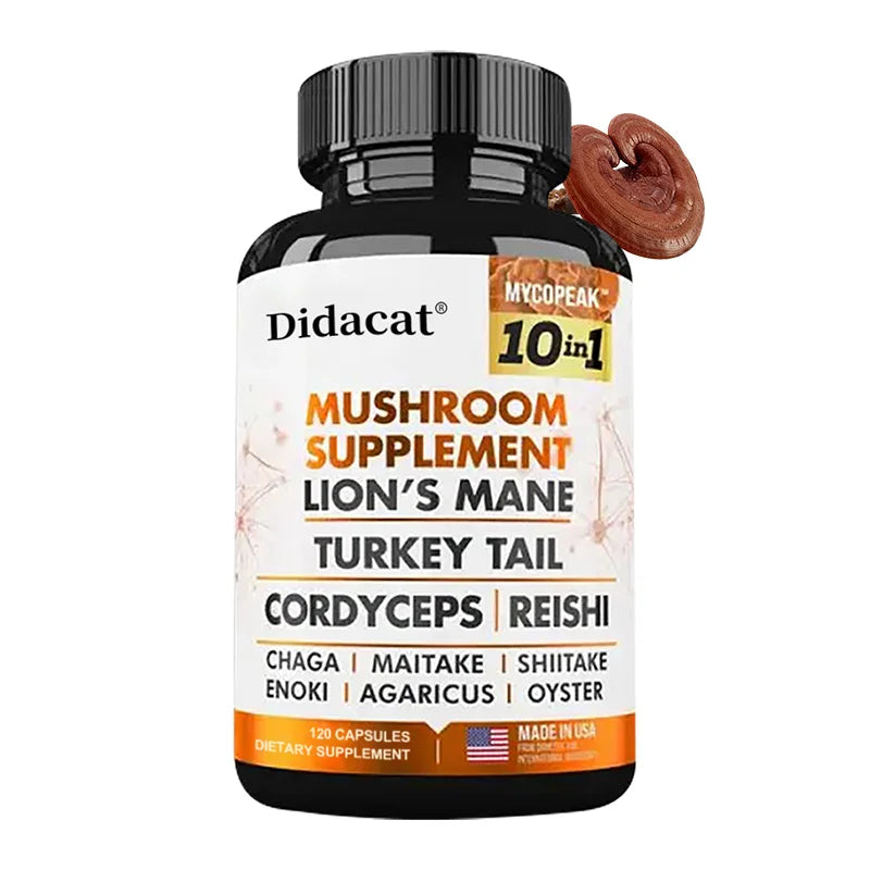 Didacat 10x Mushroom Complex Capsules with Lions Mane, Chaga Nootropic Brain Supplement for Memory and Immunity