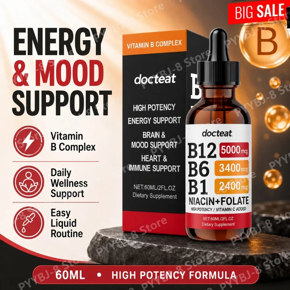 VitaminB Complex Liquid Supplement 60ml with VitaminB1/B6/B12 Support Energy Generation Supplementation and Immune System Health