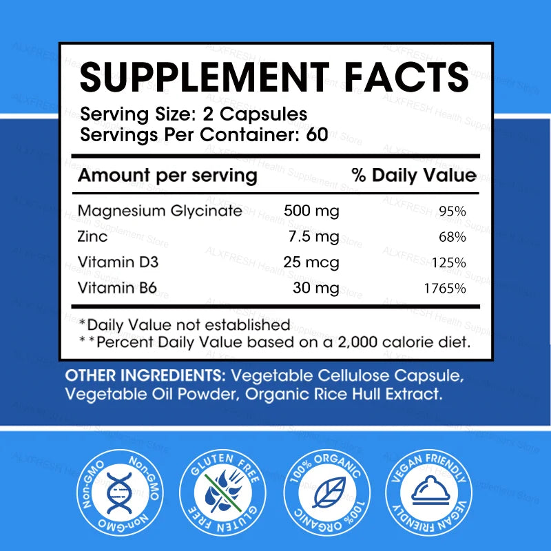 Original Magnesium Glycinate 500mg Supplement – High Absorption for Relaxation, Sleep &amp; Muscle Support - D3 B6 Zinc