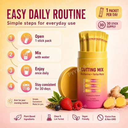 Berberine Yerba Mate Dietary Supplement Powder 30 Stick Packs Metabolism Energy Gut Health Support Strawberry Acai Flavor