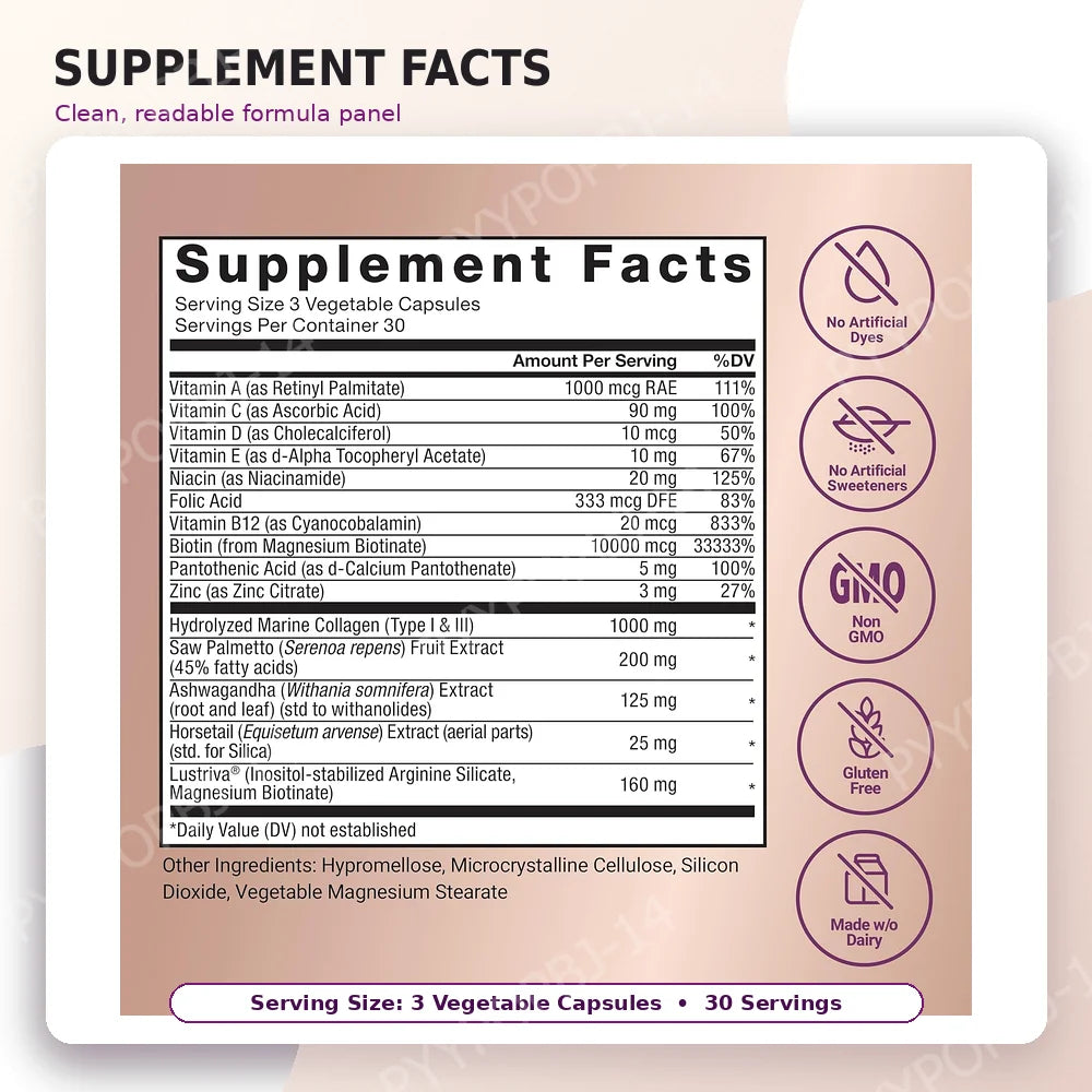 Hair Wellness Multivitamin – with Biotin, Collagen &amp; Botanicals – Supports Healthy Hair – 90 Vegetable Capsules