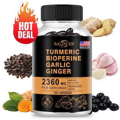 4-in-1 Turmeric Ginger Supplement with Pepperin 2360 Mg with Garlic Curcumin Black Pepper, for Joint, Digestive &amp; Immune Support