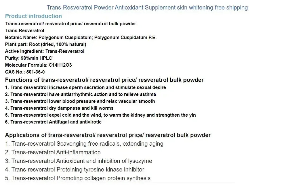 Trans-resveratrol Powder Antioxidant Supplement Skin Whitening Anti-cancer Nmn Anti-wrinkle Cosmetic Materials