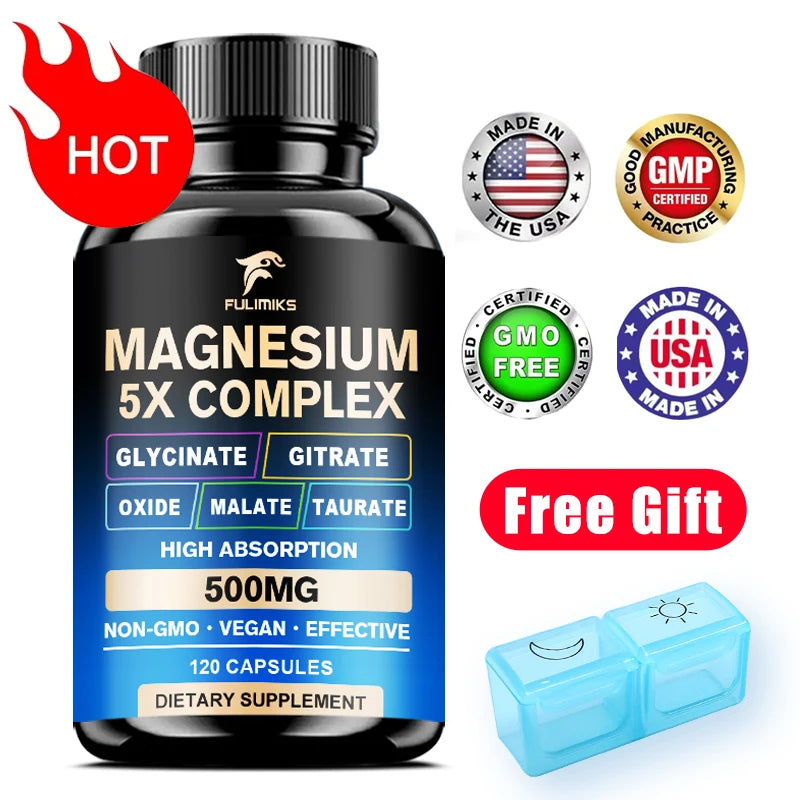 Magnesium Pills Supplement 5 in 1 Complex Glycinate, Citrate, Malate, Taurate, Oxide, Support Stress, Muscle, Bone, Heart, Sleep